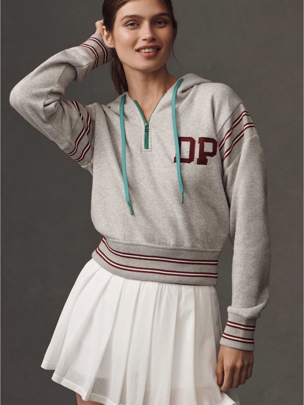 Anthropologie Gray Half-Zip Hoodie with Burgundy Stripes and Teal Drawcords